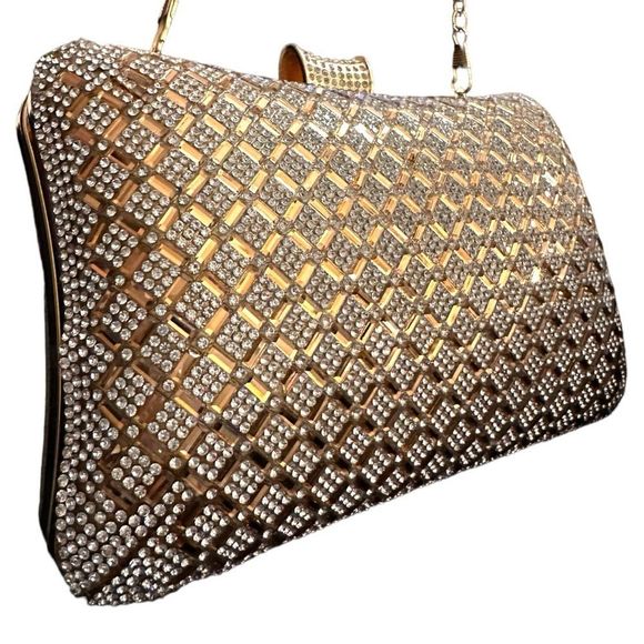 Handbags - Clutch with Gold chain studded, Gold zirconia & diamonds gold evening purse